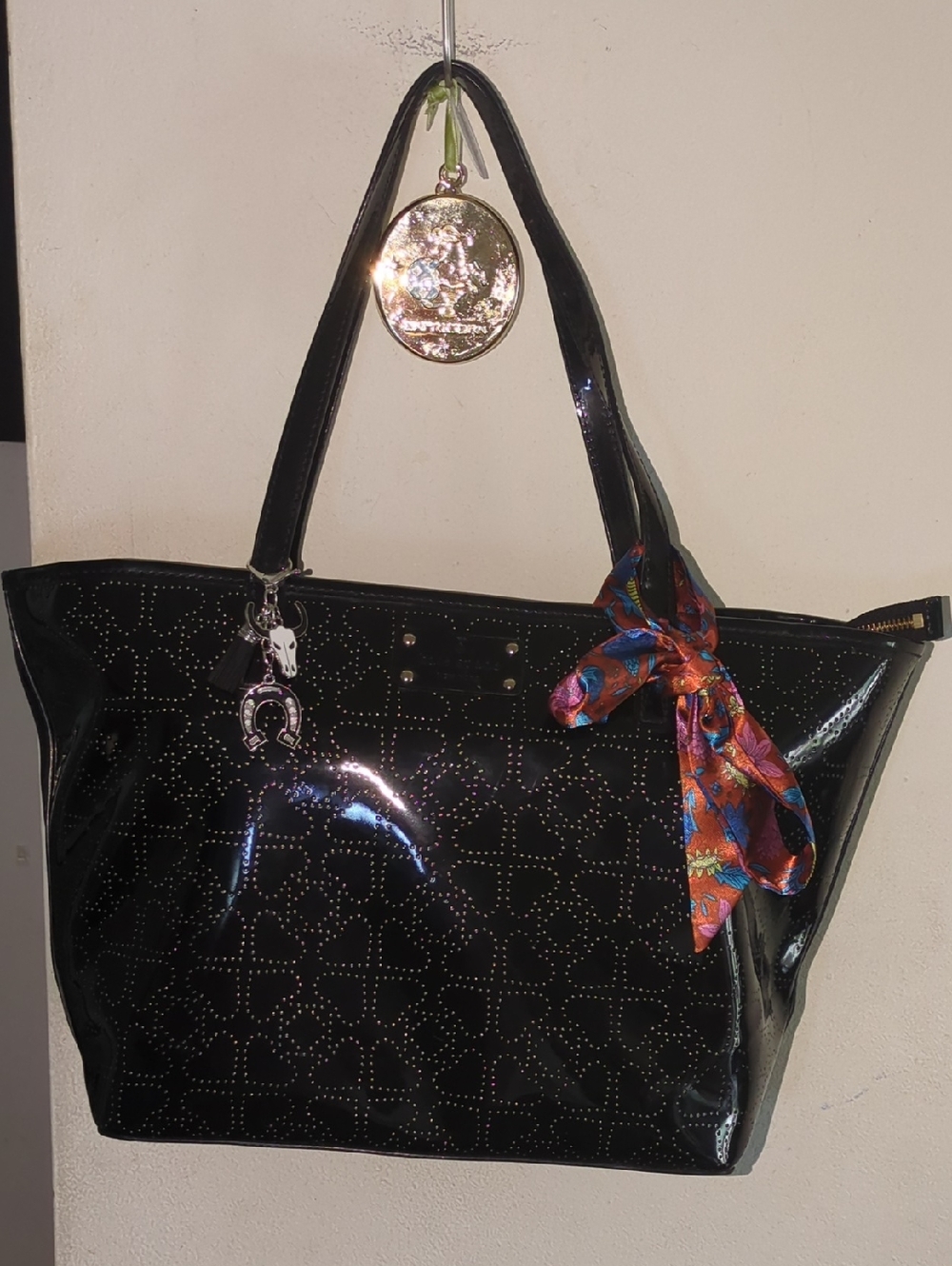 kate spade Of SPADES Black Patent Tote with Colorful Scarf Accent $75